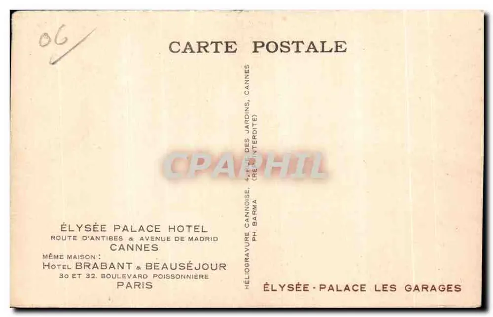 Élysée Palace Hotel — Die Garagen — Verlag Héliogravure Cannoise, Paris - Rückseite