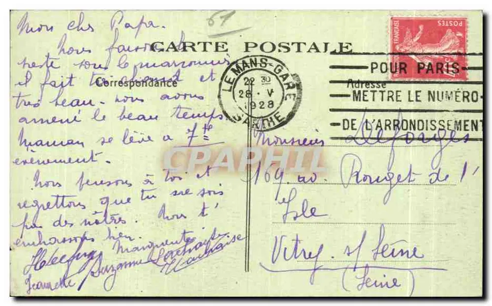 Saint-Céneri-le-Gerei (Orne) — uitzicht op een waterloop en een gebouw op een heuvel — antieke ansichtkaart n°126 - Achterkant