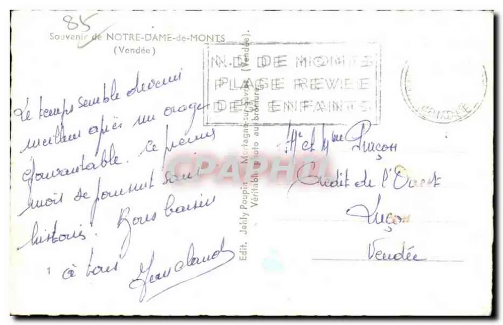 नोट्र डेम डी मॉंट्स — पैनोरमिक दृश्य, पारंपरिक वस्त्र में एक जोड़ा, समुद्र तट — प्रकाशक जेहली, संख्या 85 - पीछे