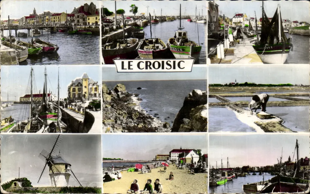Le Croisic — Vue panoramique du port, des marais salants et du moulin à vent — Éditeur L. Chatagnéau, n° de série non visible - Frente