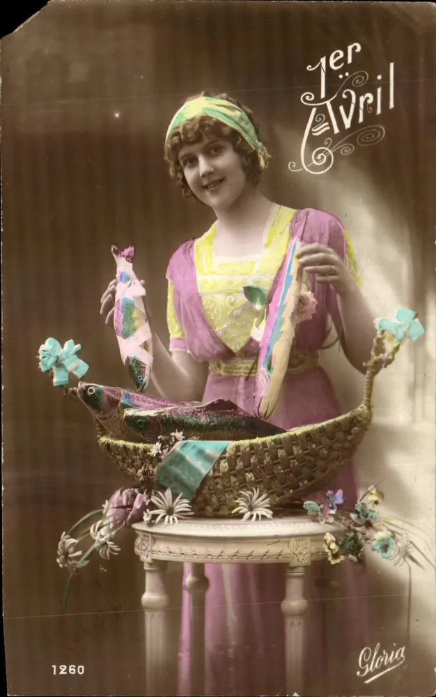 Junge Frau mit Fischkorb — 1. April — Gloria, n° 1260 - Vorderseite