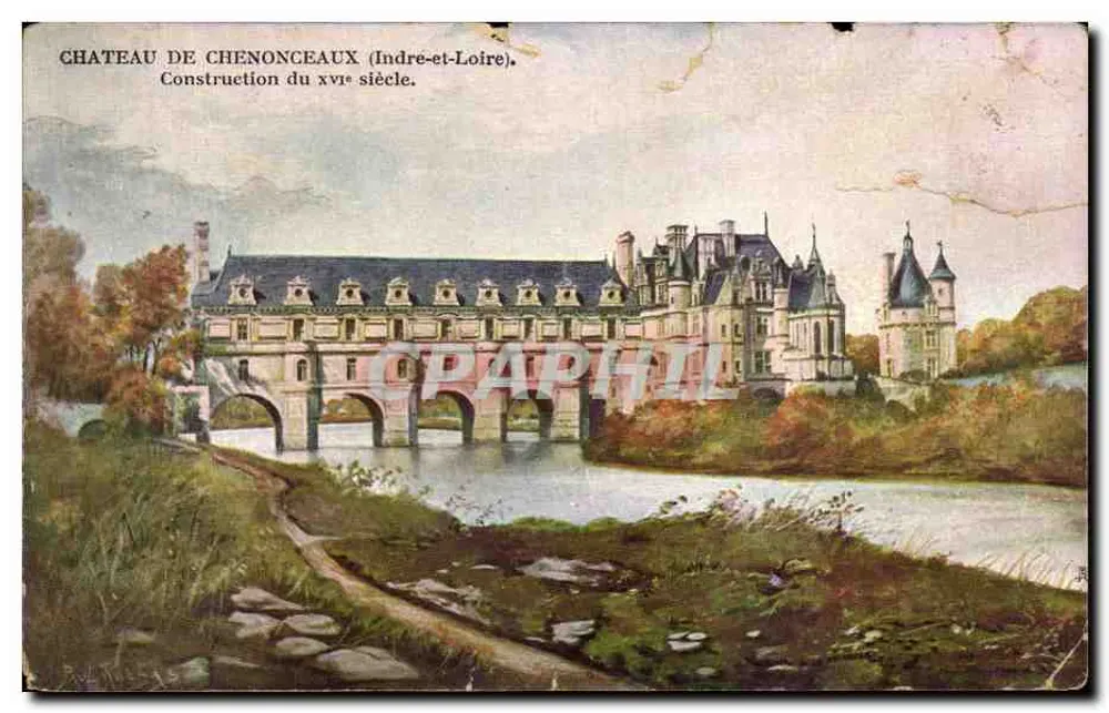 Château de Chenonceaux (Indre-et-Loire) — vue du château sur le Cher avec pont, éditeur anonyme, n° de série non visible - Recto