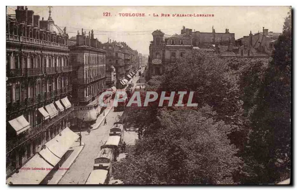 Toulouse - La Rue d'Alsace-Lorraine — vue en perspective avec bâtiments et tramway, éditeur Labouché imprimeur à Toulouse, n° 121 - Vorderseite