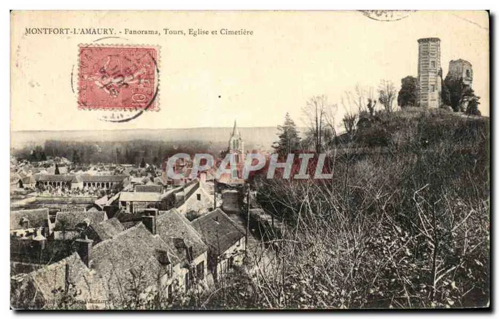 Montfort-l'Amaury - Panorama, Türme, Kirche und Friedhof - Vorderseite