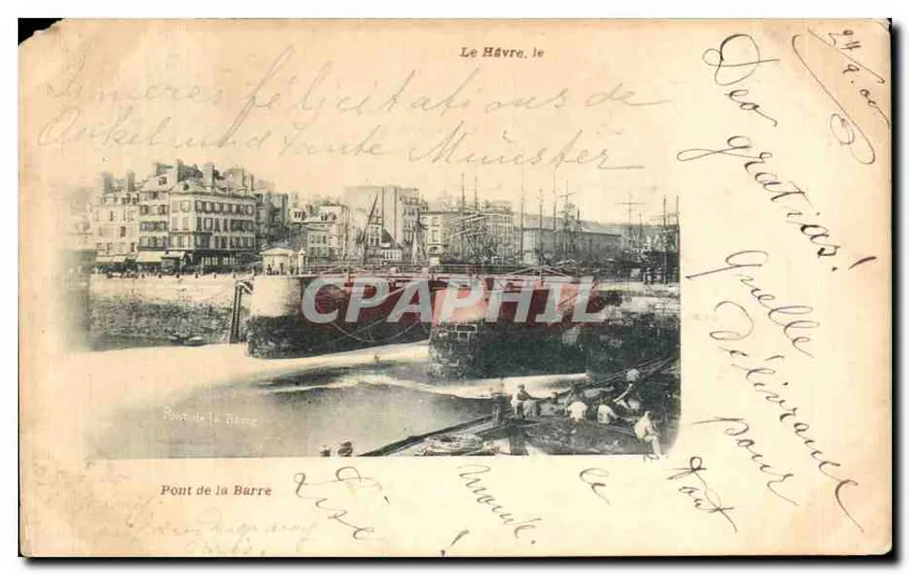 Le Havre, le Pont de la Barre — vue du port avec bateau et quai, éditeur non visible, n° de série non lisible - Frente
