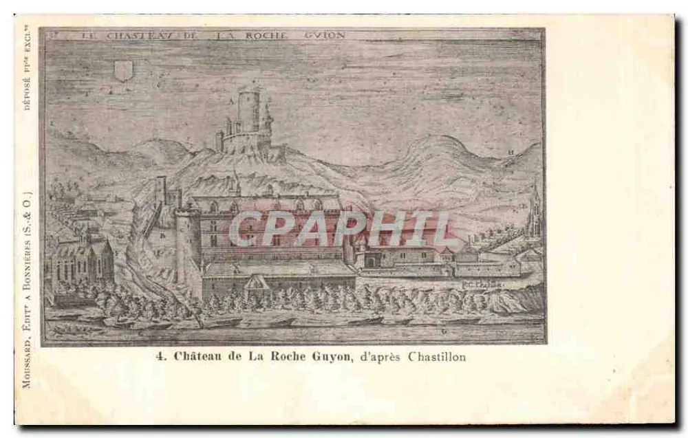 Castelo de La Roche Guyon — gravura segundo Chastillon — Moissard, Editor - Frente