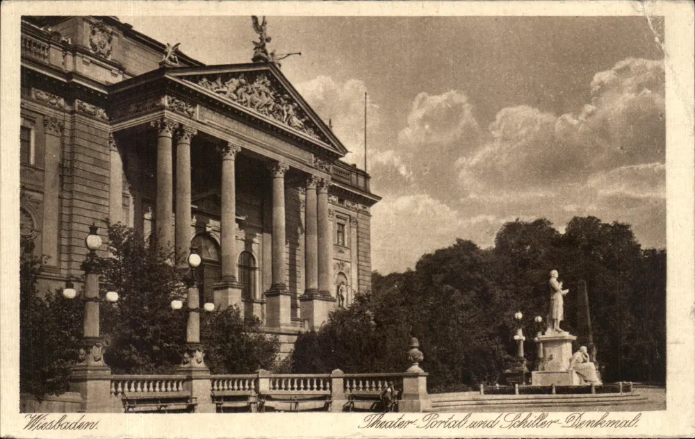 Wiesbaden — Theater, Portal und Schiller-Denkmal — Kunstverlagsanstalt, Nr. 6764 - Vorderseite