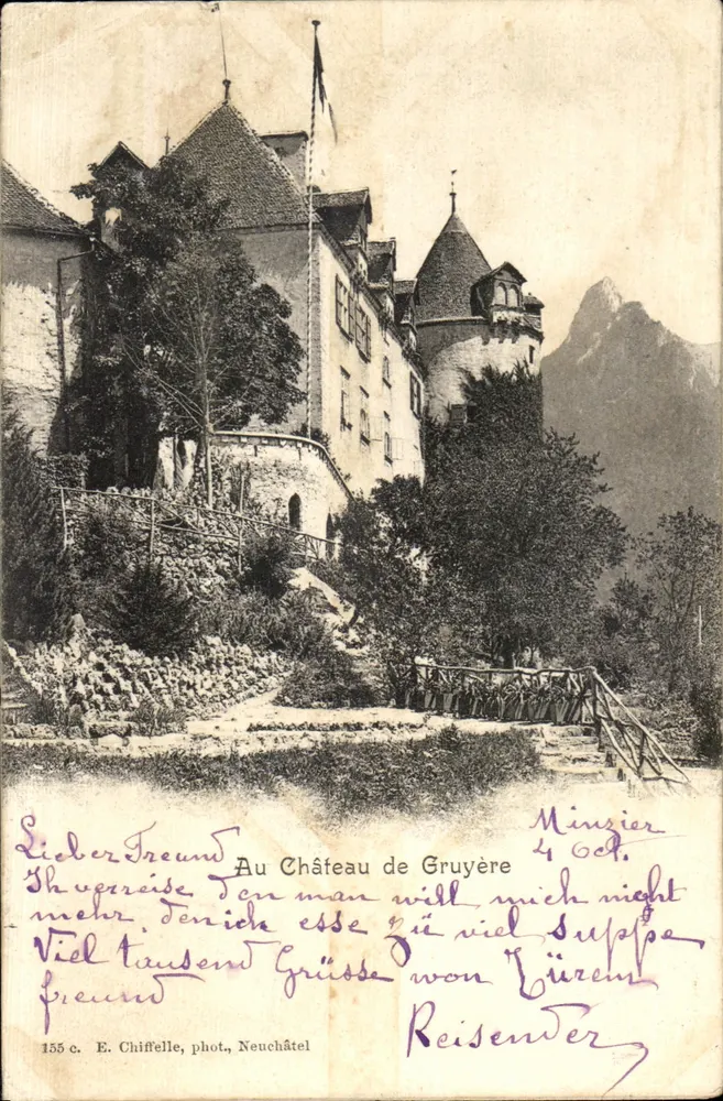 Castello di Gruyère — vista del castello e del paesaggio — E. Chiffelle, fot., Neuchâtel, n. 155 c. - Recto