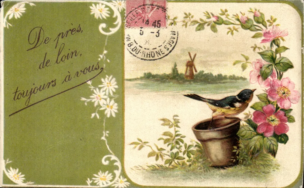 Paisagem com moinho de vento — pássaro e rosas — editor não identificado, número de série não visível - Frente
