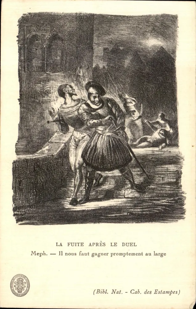 A fuga após o duelo — cena tirada de Mephistophélès — Biblioteca Nacional, Gabinete das Estampas - Frente