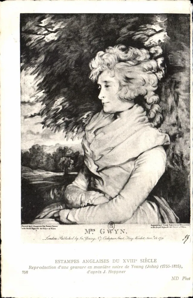 Mrs Gwyn — Nachbildung einer Schwarz-Weiß-Grabung von Young (John) — London, Verlag von J. Young, 87, Codauper Street, Hay Market, 15. Jan. 1797 - Vorderseite