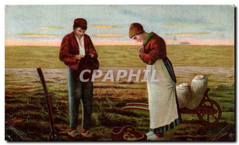 Cena de campo — Camponesa e jovem homem perto de um carrinho de leite — K.F. editores Paris, Série 888 - Frente