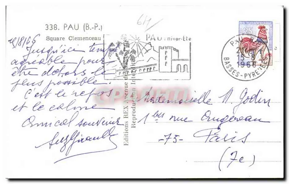 Pau - Praça Clemenceau — vista urbana com montanhas no fundo — Edições REX, n° 338 - Verso