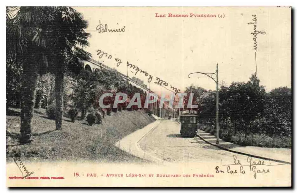 Pau - Avenue Léon-Say und Boulevard des Pyrénées — Straßenbahn AMER PICON — Verleger Casouche Frères, n°15 - Vorderseite
