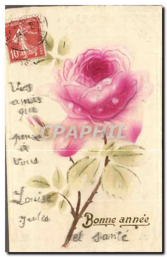 Rose — Weihnachtskarte mit gedrucktem Text „Gute Jahre und Gesundheit“ — Éditeur nicht sichtbar - Vorderseite