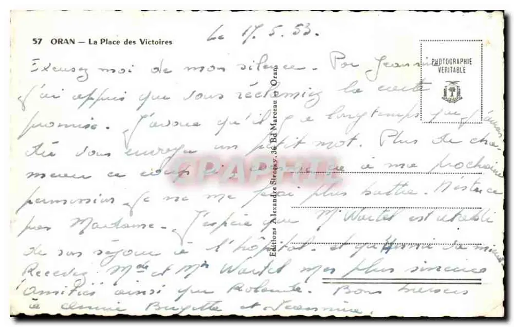 Oran — La Place des Victoires — Éditions Alexandre Sirey, 36 Bd Marceau, Oran - Rückseite