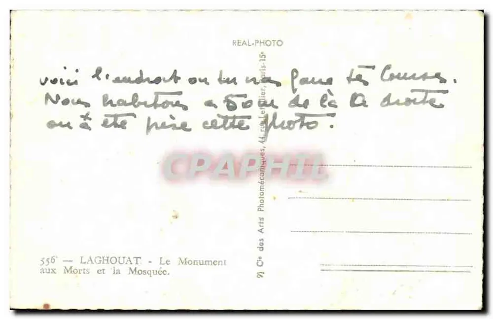Laghouat — El Monumento a los Muertos y la Mezquita — editor REAL-PHOTO, n° 556 - Reverso