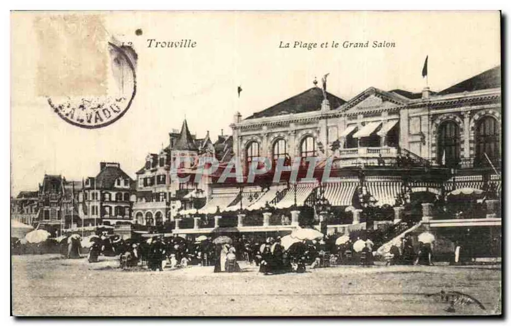 Trouville — Die Strandpromenade und der Grand Salon — Verlag Salvadou, n°12 - Vorderseite