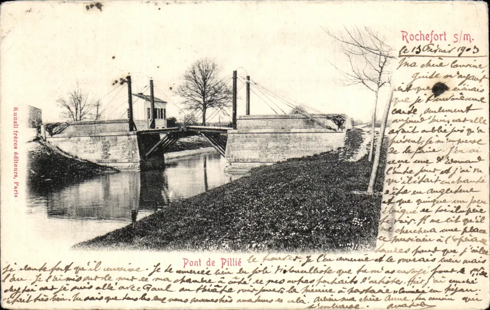 Pont de Pillié — vue du pont suspendu sur le canal à Rochefort-sur-Mer — éditeur Kunzli Frères éditeurs, Paris - Frente