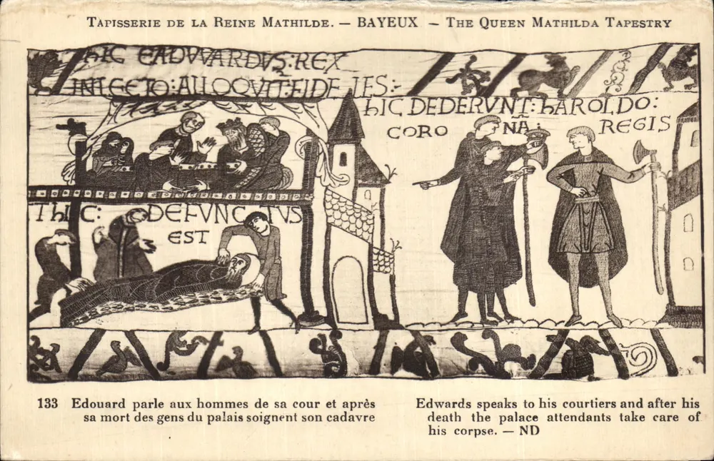 Tapisserie der Königin Mathilde — Bayeux — Die Tapisserie der Königin Mathilde — Szene 133: Eduard spricht mit den Männern seiner Hofhaltung und nach seinem Tod kümmern sich die Palastbediensteten um seinen Leichnam - Vorderseite