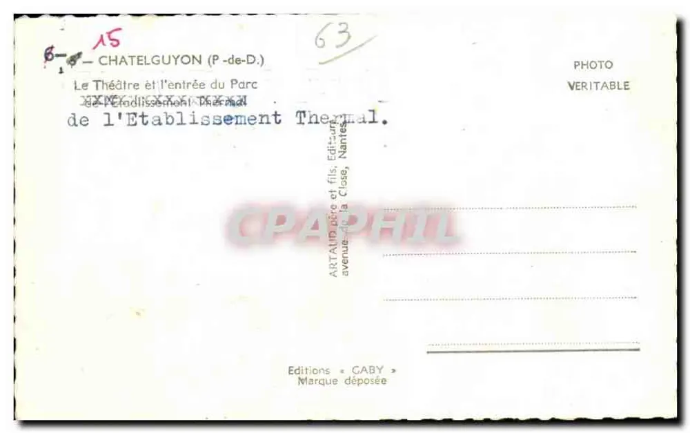 Châtel-Guyon (P.-de-D.) — Ansicht des Theaters und Eingang zum Thermalpark — Editions Caby - Rückseite