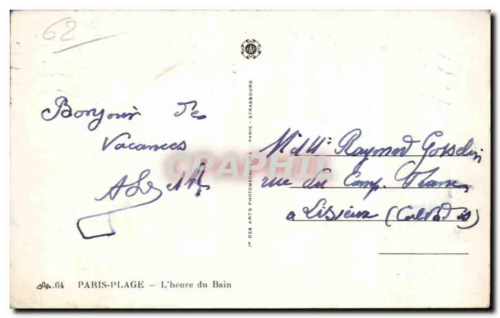 Paris-Plage — L'heure du Bain — éditeur 2e DES ARTS PHOTOGRAPHIQUES, PARIS - STRASBOURG - Verso