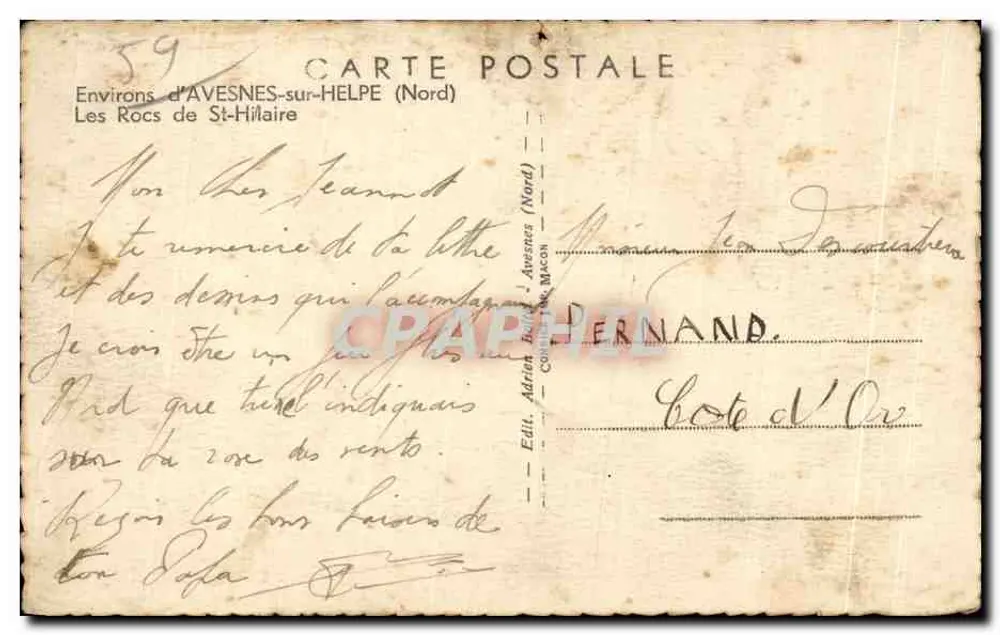 Les Roccs de St-Hilaire — flussnaher Landschaftsblick mit Felsen — Verleger: Adrien Macon, n° 59 - Rückseite