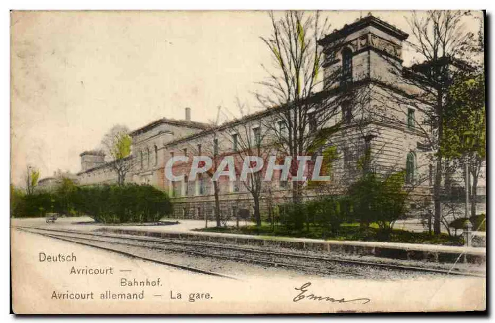 Deutscher Avricourt — Die Bahnhof. — Verleger: Druckerei Romainard, Wœnland - Vorderseite