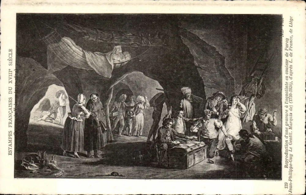 Cena de caverna — Século XVIII — Reprodução de uma gravura a cores de Paroy, Liège - Frente