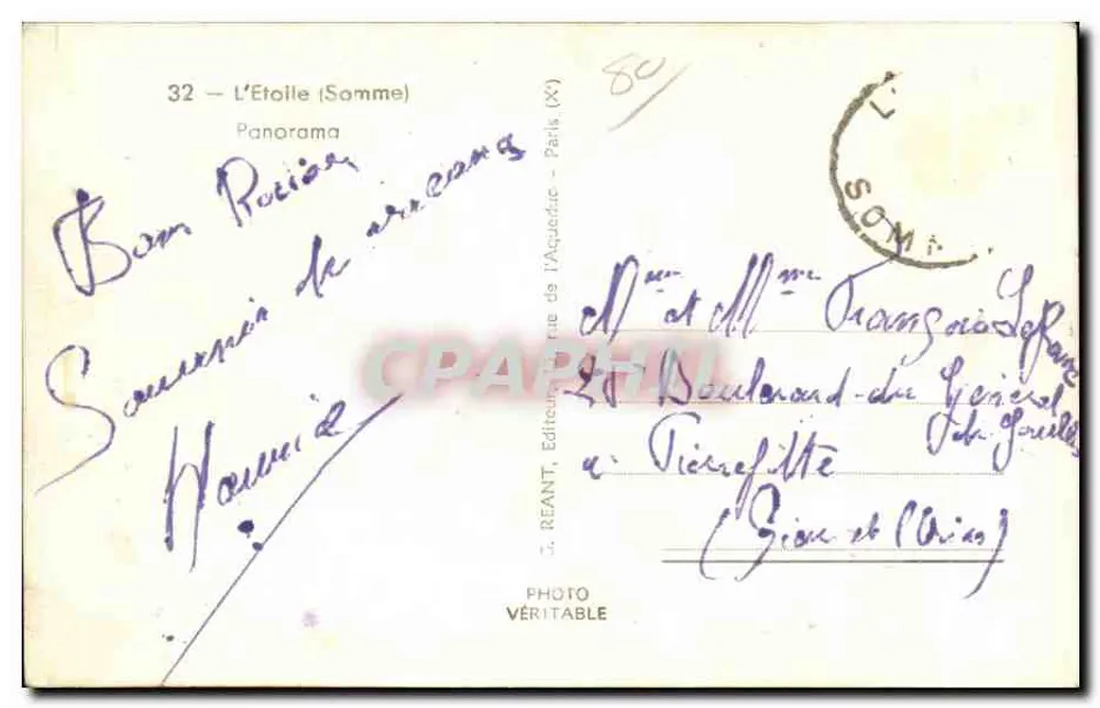 L'Étoile (Somme) — Panorama — J. REANT, Editor do Aqueduto – Paris (XI) - Verso