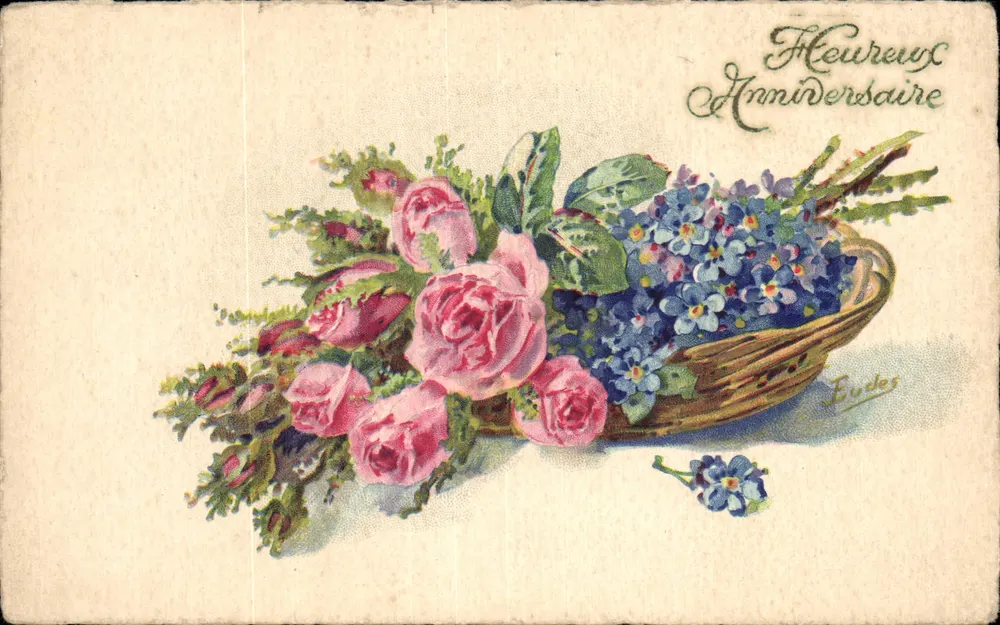 Blumenstrauß aus Rosen und blauen Blumen — Frohes Geburtstag — Eudes - Vorderseite