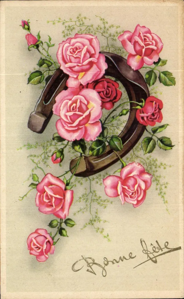 Hufeisen und Rosen — Frohe Geburtstagskarte — Éphéméride Druckerei, Nr. 7068 - Vorderseite