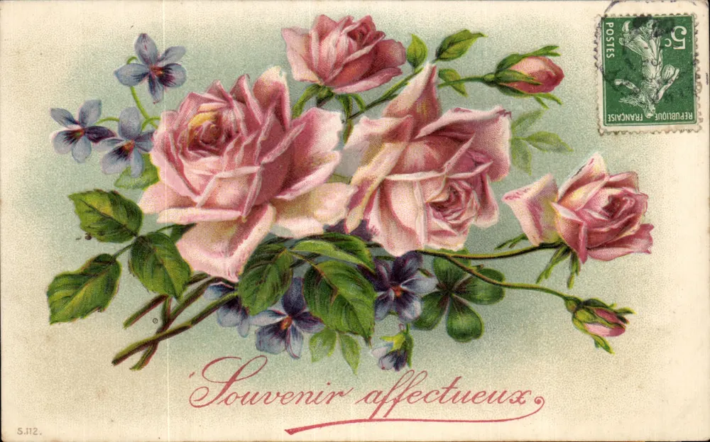 Blütenstrauß aus Rosen und Violett — Zärtliches Andenken — S.112 - Vorderseite