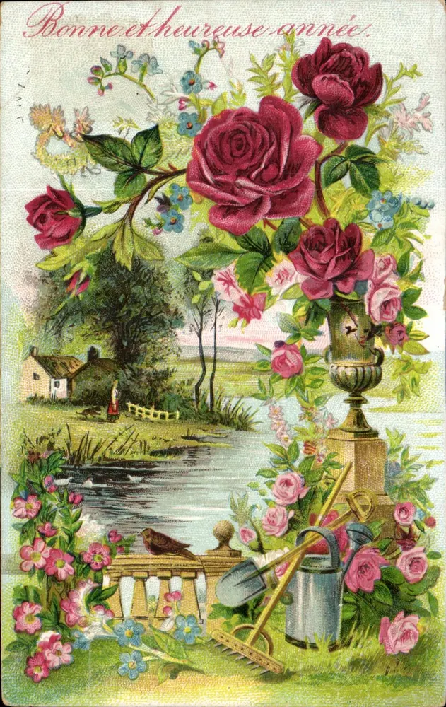 Frohes und gesegnetes Jahr — Garten-Szene mit Rose und Teich — Edition E. L., Paris - Vorderseite