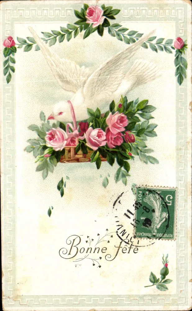 Taube mit Rosen — Frohe Geburtstagskarte — In Deutschland gedruckt, Serie 51796 - Vorderseite