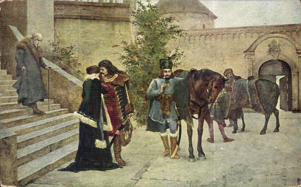 Cena histórica — Pátio interno com cavaleiros e personagens — Jugoslavenski Umjetnici, Travnik - Frente