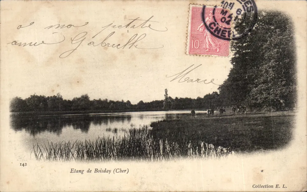Lago de Boisday (Cher) — vista lacustre com cavalos e carruagens — Editor: E. L. (n° 142) - Frente