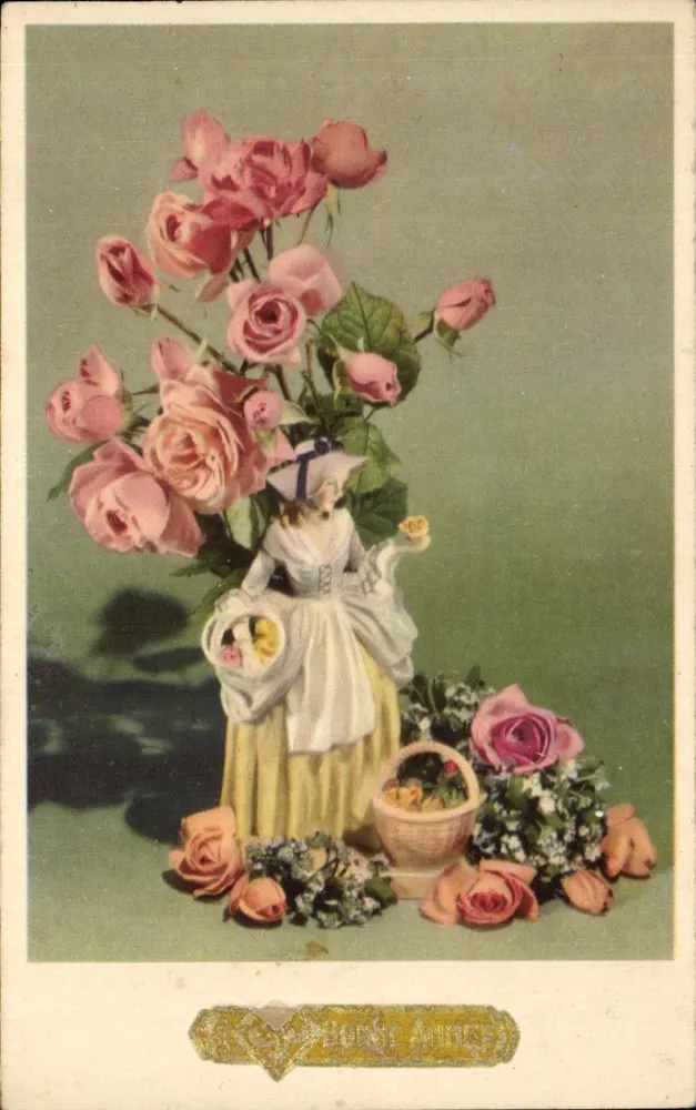 Buquê de rosas — figura feminina com cesta — editor Roché Anne - Frente