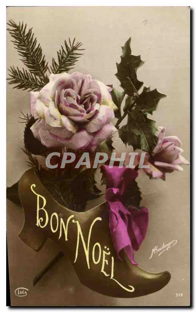 Blumenstrauß aus Rosen und Efeu in einem Holzschuh — Frohe Weihnachten — Verlag Loëa, Nr. 219 - Vorderseite