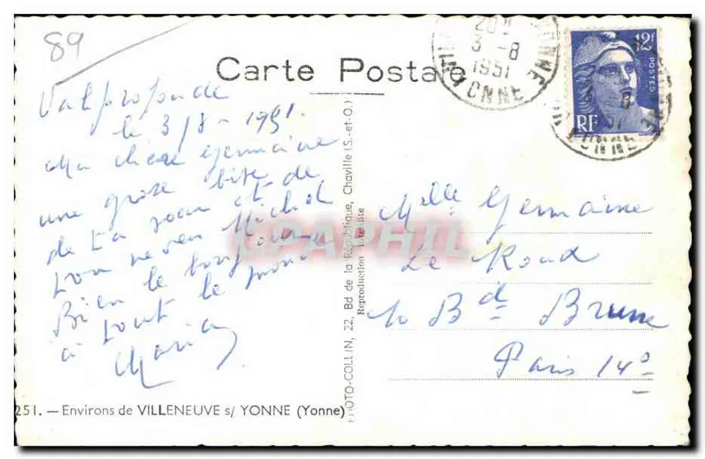 Entorno de VILLENEUVE s/ YONNE — Pastor con rebaño de ovejas bajo una avenida de árboles — Foto-Coll. IN. - Reverso