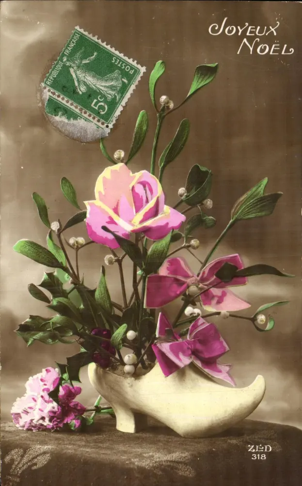 Blütenstrauß aus Rosen und Eberesche in einem Schuh — Frohe Weihnachten — ZED 318 - Vorderseite