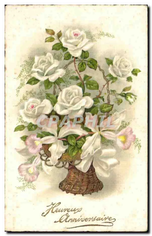 Buquê de rosas brancas — Carta de aniversário — Editor L. Chéne, n° 562 - Frente