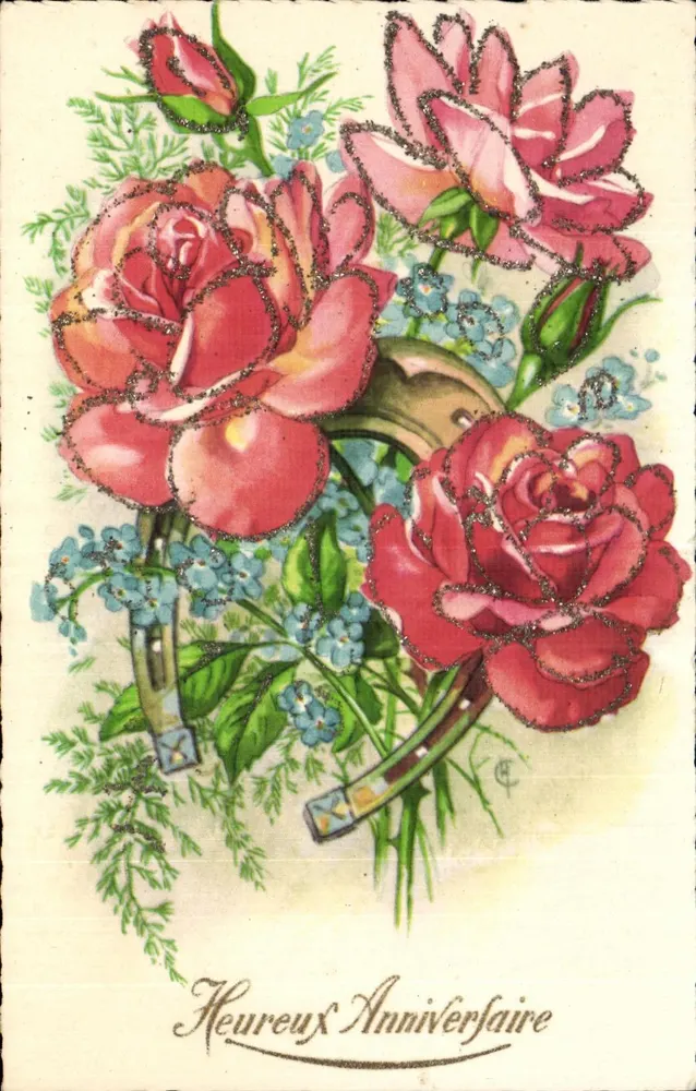 Blumenstrauß aus Rosen — Text 'Glückliches Geburtstag' — M. D. Paris, Serie 4150 - Vorderseite