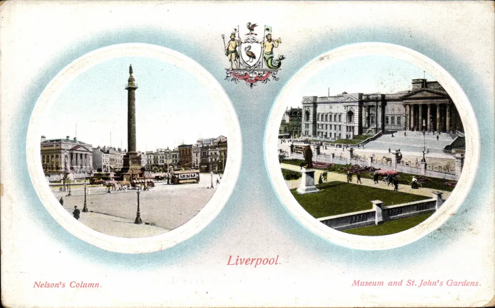 Liverpool — Nelsons Säule und Museum und St. John Gardens — Verlag Trenkler & Co. - Vorderseite