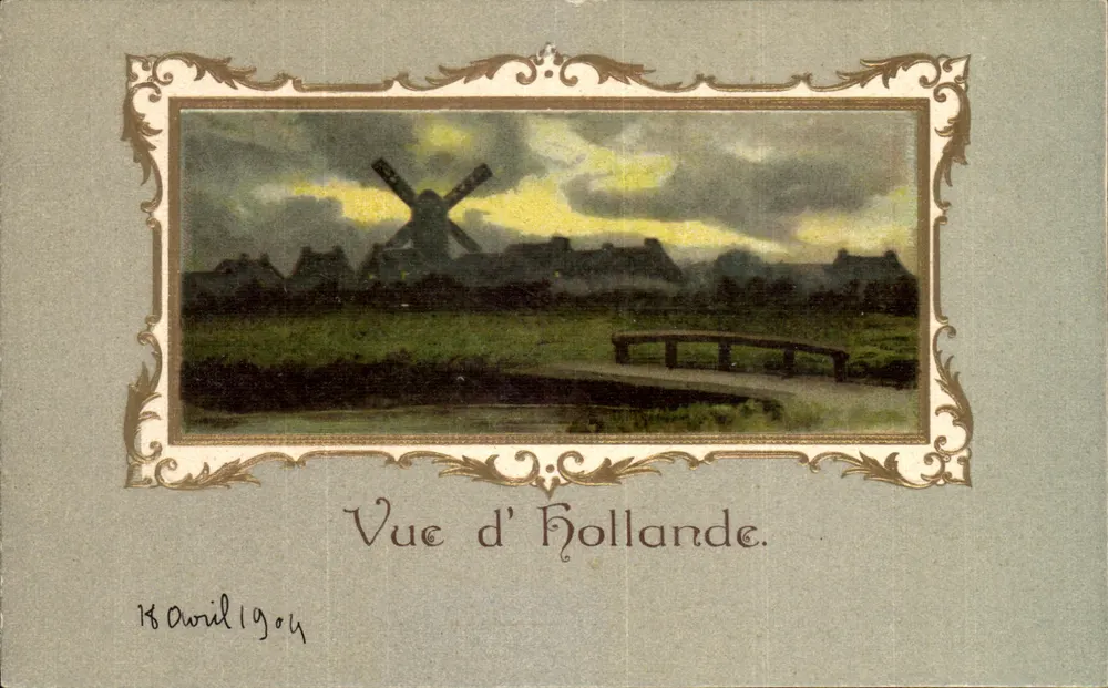 Vista da Holanda — paisagem com moinho de vento e ponte — editor não identificado, número de série não visível - Frente