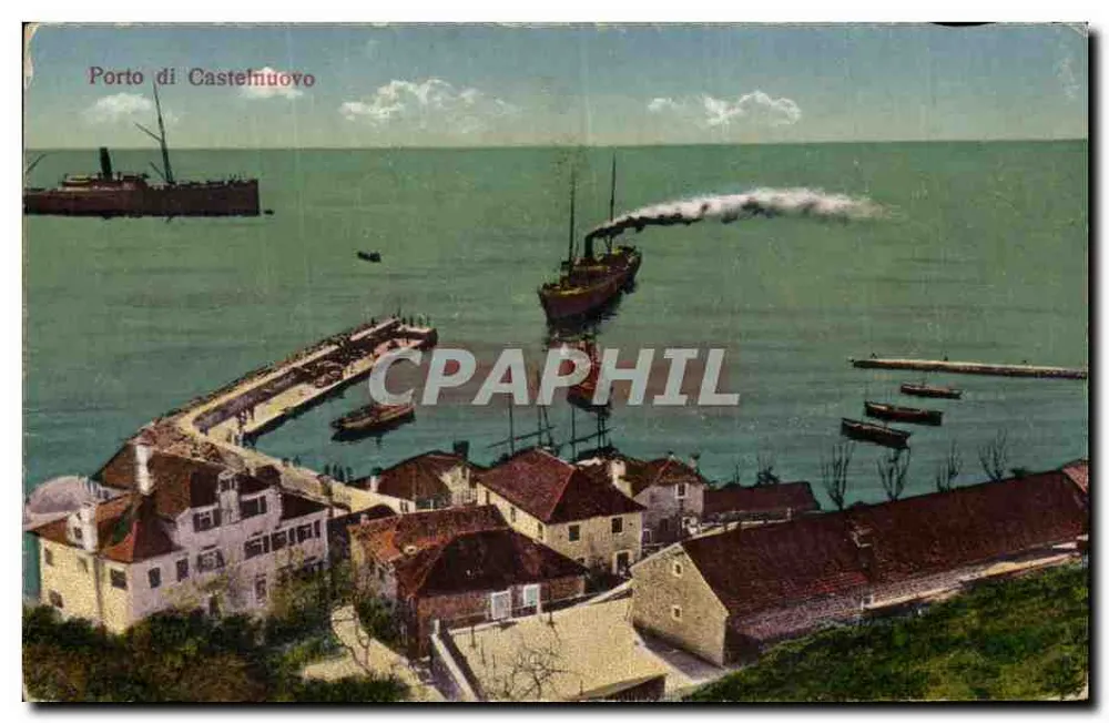 Porto di Castelnuovo — Blick auf den Hafen mit Dampfschiffen — unbekannter Verlag - Vorderseite