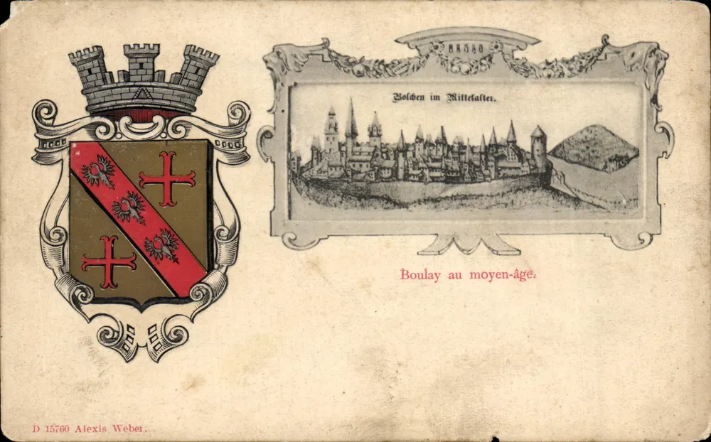 Boulay au moyen-âge — vue panoramique avec blason — éditeur Alexis Weber, n° D 15760 - Vorderseite