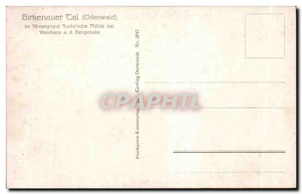 Birkenauer Tal (Odenwald) — Ansicht vom Hintergrund Fuchs'sche Mühle — Verlag Postkarren-Kunstverlag, Darmstadt - Rückseite