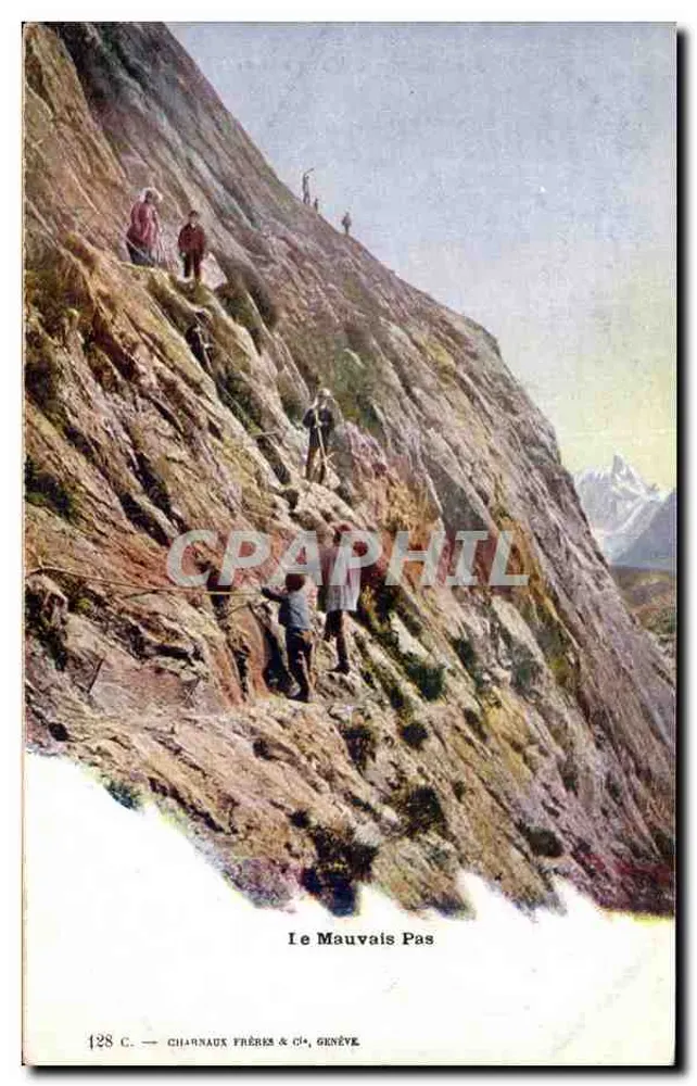 O Mau Passo — vista alpina com escaladores — Charnaux Frères & Cie, Genebra, n° 128 C - Frente
