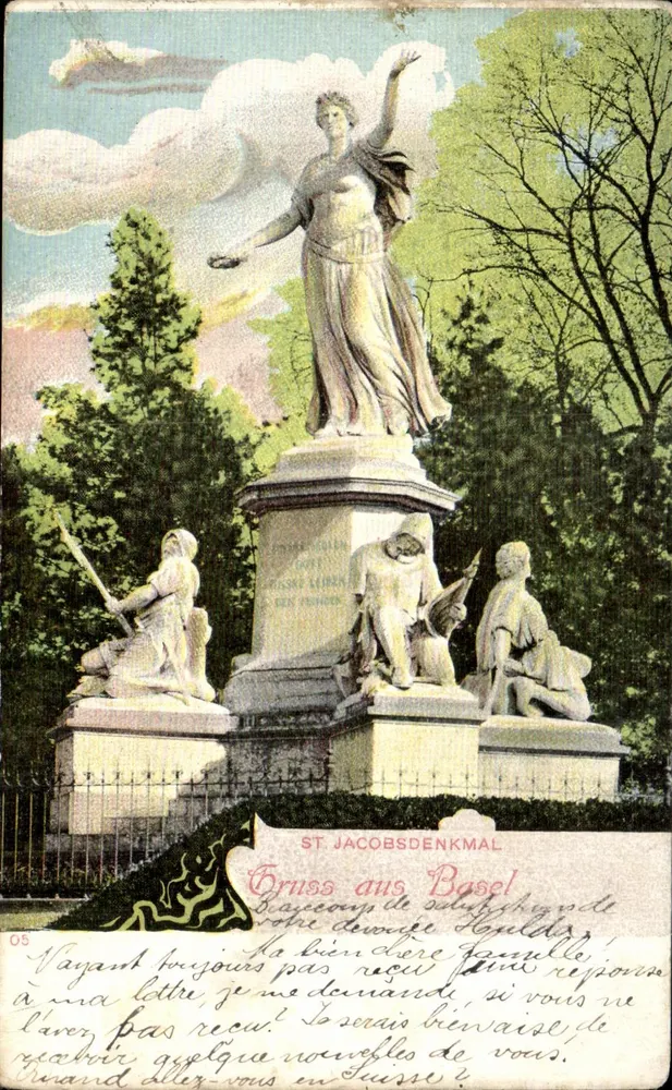 St-Jacobsdenkmal — statua Wolności i cztery postacie — wydawca ST JACOBSDENKAL - Awers